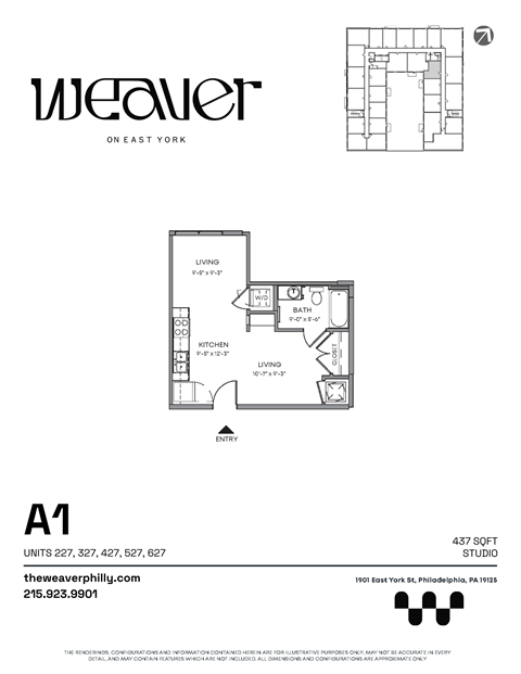 Studio Floor Plan A1 at The Weaver, Philadelphia, PA, 19125